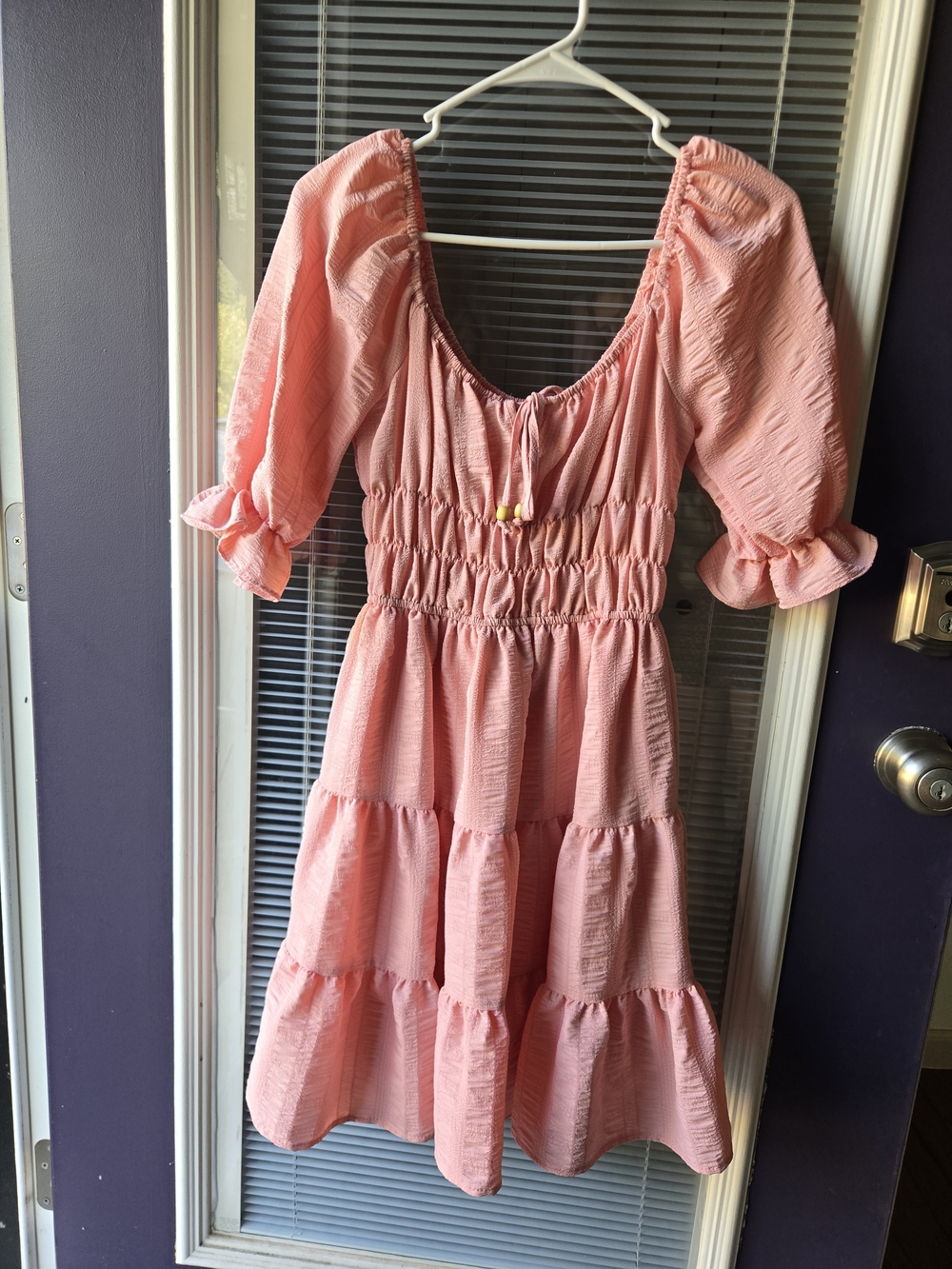 Liberty Love Coral Pink Tiered Puff-Sleeve Dress